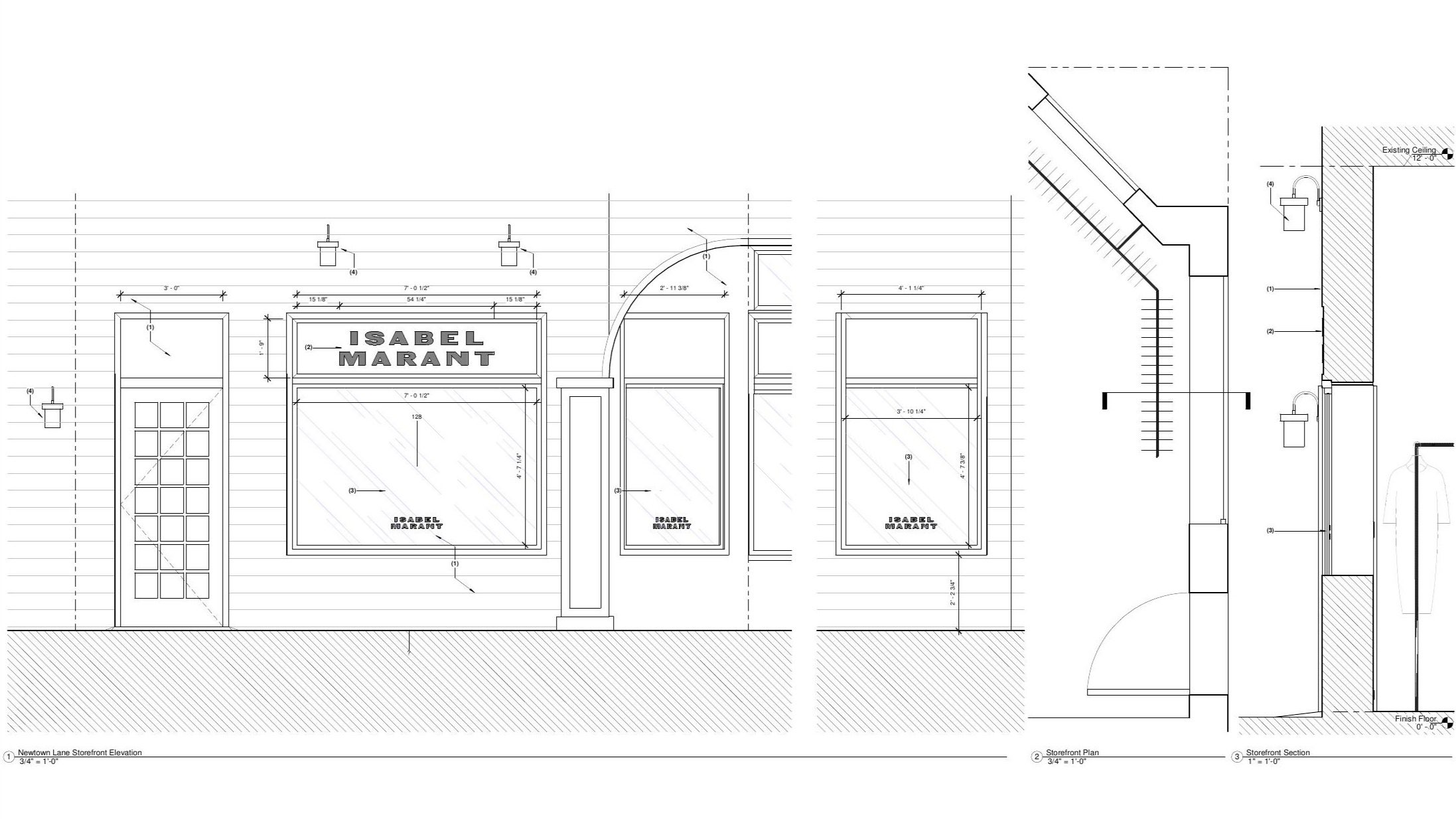 Storefront elevation, plan, and section: existing shingle fa